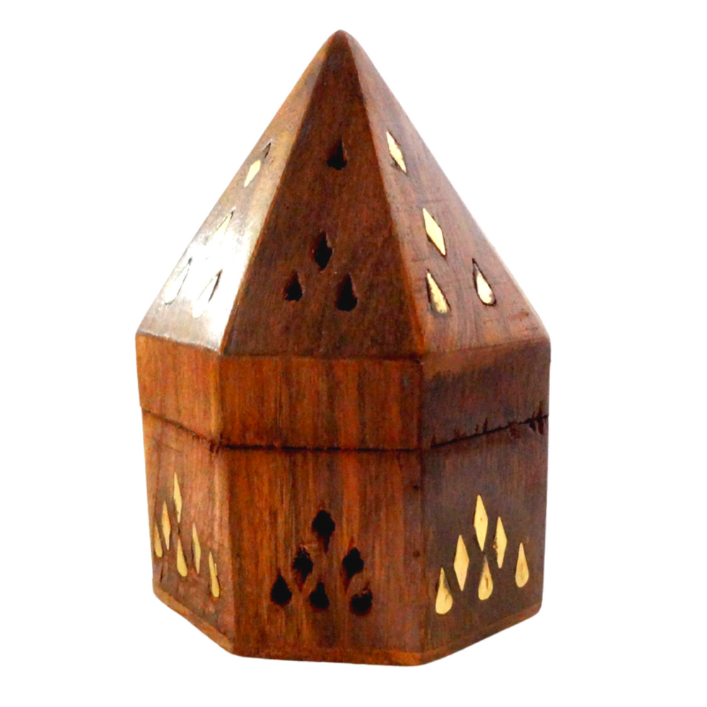 BRASS INLAY WOODEN PYRAMID INCENSE CONE HOLDER