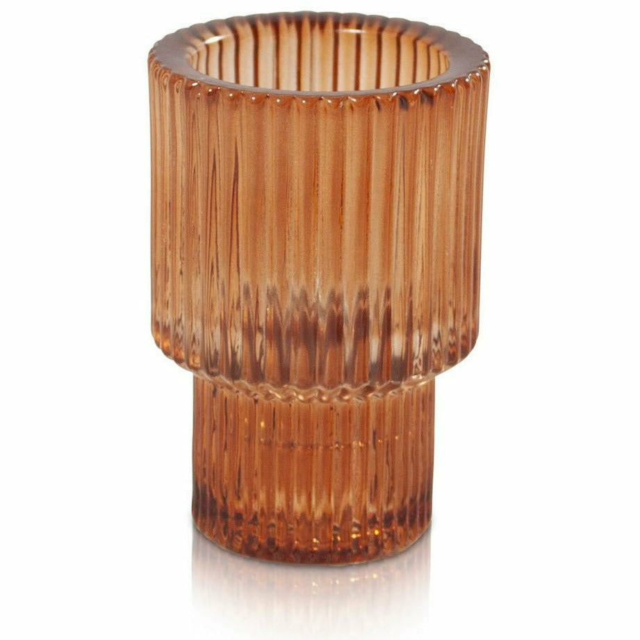 Arlo Vintage Glass Candle Holder in Amber has a gorgeous, retro silhouette and stylish pleated glass finish. Cleverly designed to suit multiple candle types.